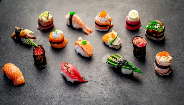 Set di sushi assortiti nigiri e rotoli di sushi su sfondo di pietra