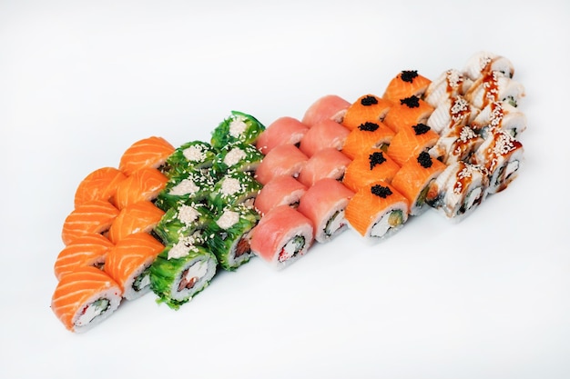 Assorted sushi set on white background