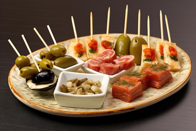 Photo assorted tapas on a plate with toothpicks inserted
