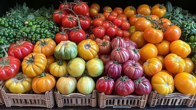 Photo assorted tomatoes in baskets