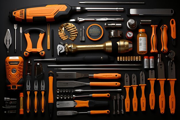 Assorted tools displayed on black background signifying Labor Day