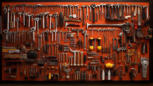 Assorted tools meticulously arranged on a wall