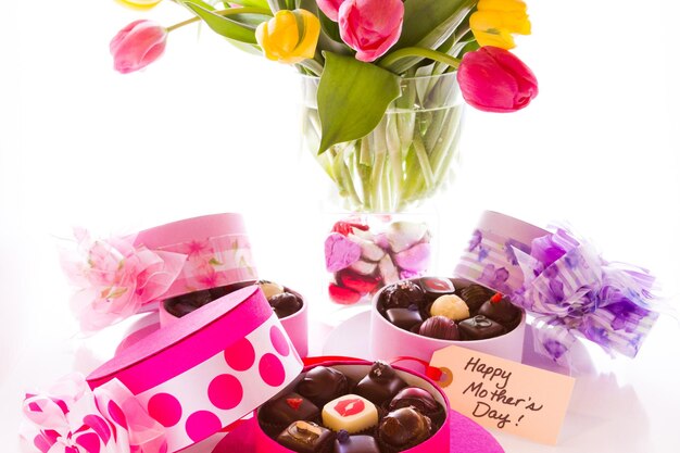 Assorted truffles in cute hat shape boxes for Mothers Day.