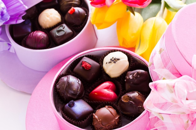 Assorted truffles in cute hat shape boxes for Mothers Day.