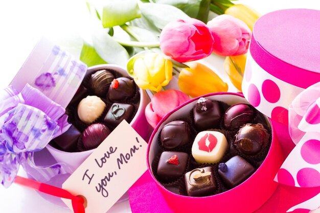 Assorted truffles in cute hat shape boxes for Mothers Day.