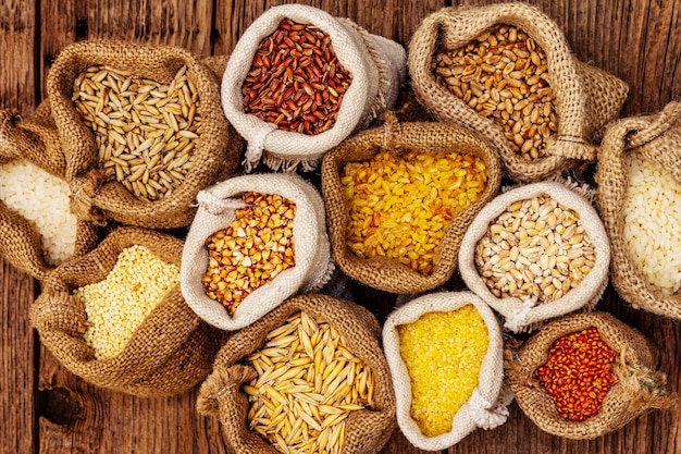 Assorted variety of grains in brown sacks