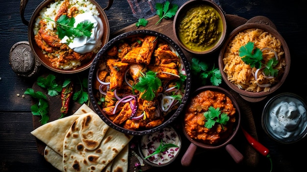 Ассорти различных индийских блюд на темном деревенском фоне Generative AI