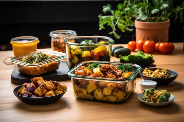 Assorted vegan meal prep containers on table