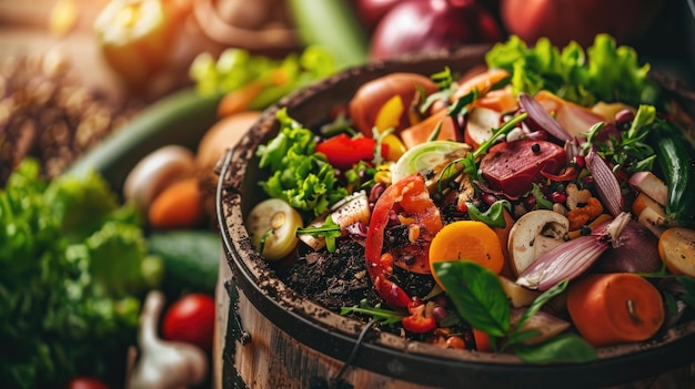 Assorted vegetables and food waste in a compost pile at a sustainable organic farm