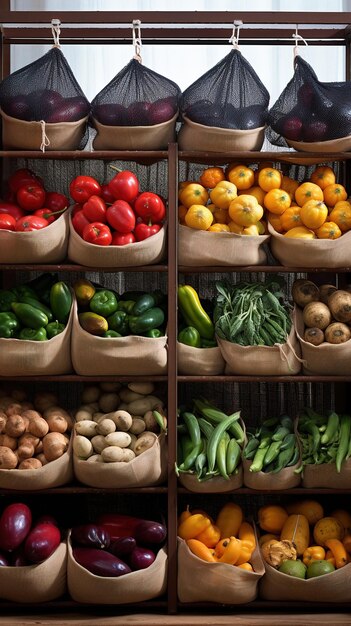 Assorted vegetables organized on shelves in cloth sacks Organic grocery stores Kitchen organization