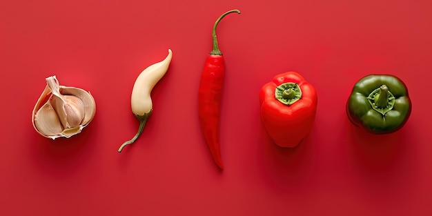Assorted vegetables on a red background ideal for representing ingredients in Mexican cuisine