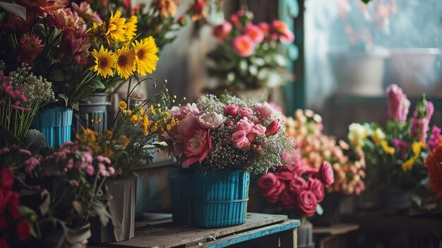 写真 花の市場で様々な鮮やかな花束