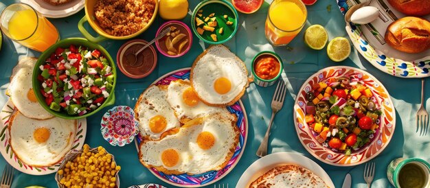Photo assorted vibrant mexican breakfast dishes spread out on a table