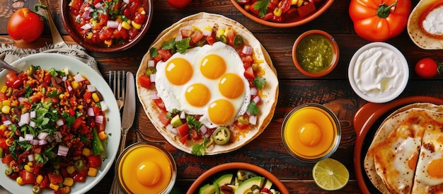 Photo assorted vibrant mexican breakfast dishes spread out on a table
