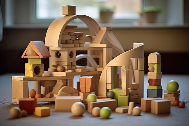 Assorted Wooden Toys and Building Blocks to Stimulate Fine Motor Skills and Imagination in Kids