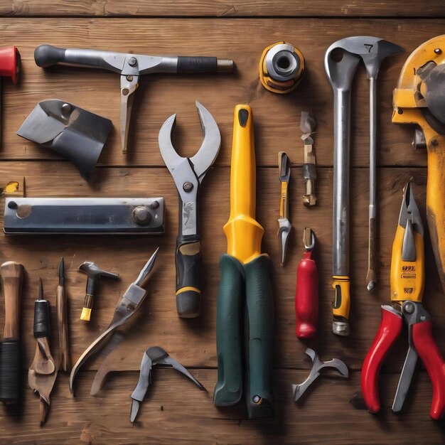 Assorted work tools on wood background