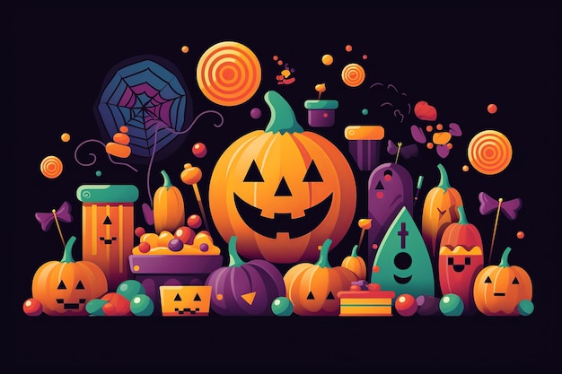 Assortiment Halloween-snoepjes in minimalistisch plat ontwerp een kleurrijke knipoog naar seizoensgebonden lekkernijen