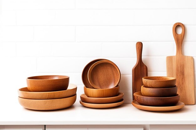 Assortiment houten borden, afwas, keukentoestellen op houten achtergrond