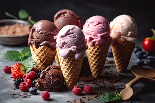 Foto assortiment ijslepels met hoorntjes kleurrijke set ijslepels met verschillende smaken