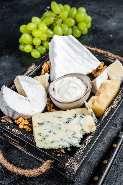 Assortiment Kaasschotel met Brie, Camembert, Roquefort, Parmezaanse kaas, blauwe roomkaas, druif en noten