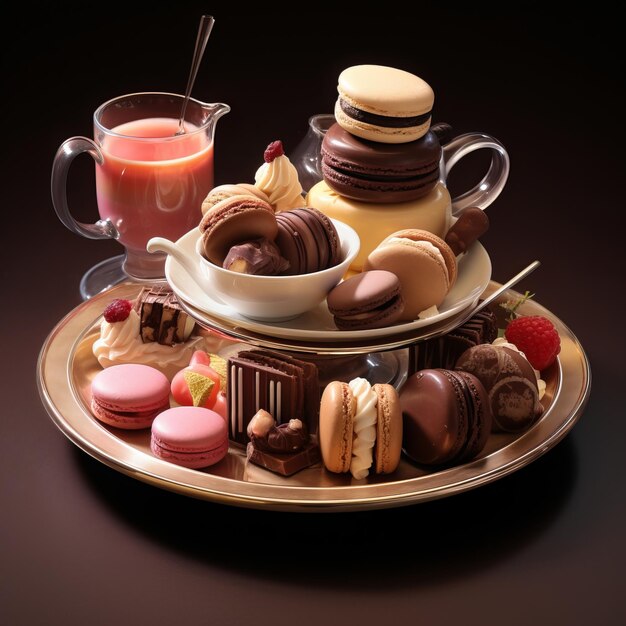 Assortiment macaroons en een kop koffie op donkere achtergrond