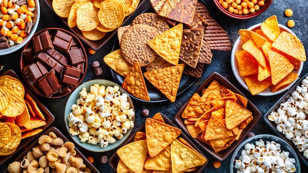 Foto assortiment snacks en chips die de verscheidenheid en aantrekkingskracht van smakelijke maar ongezonde voedingsopties in een informele omgeving benadrukken