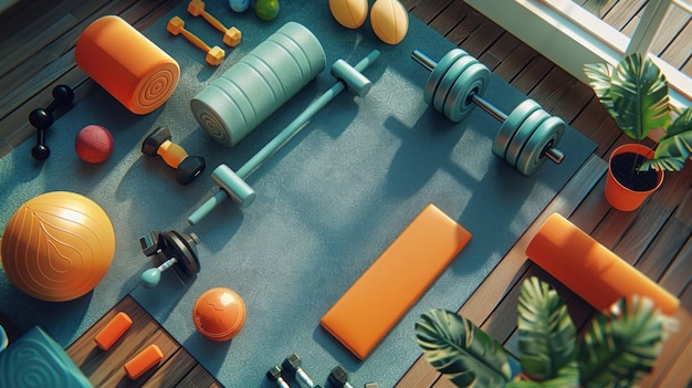 Assortiment sport- en fitnessapparatuur met voldoende copyspace ideaal voor reclame of educatieve inhoud digitale kunst AI Generative