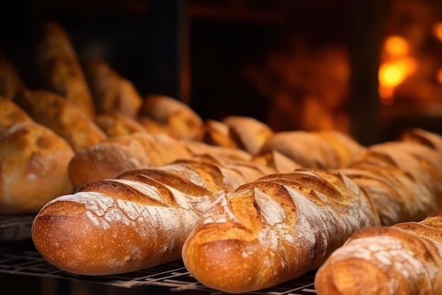 Assortiment van gebakken broden op de achtergrond van bakkerijplanken Generatieve AI