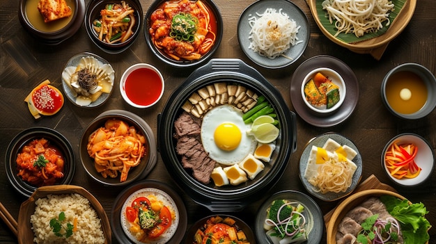 Assortiment van Koreaanse traditionele gerechten Aziatische gerechten Top view Generative Ai