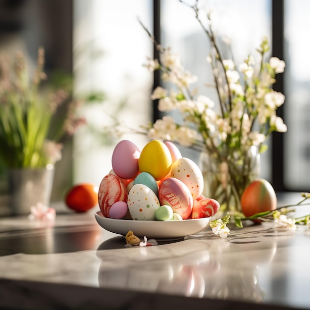 Assortiment van moderne gekleurde eieren voor Pascha of Pasen op marmeren tafelfoto Veel gekleurde eiers