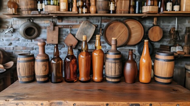 Foto assortiment van rustieke houten vaten en flessen op een plank in een vintage setting