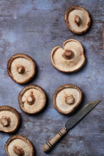 Assortiment van shiitake champignons op een grijze achtergrond met een mes