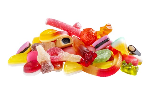 Assortiment van taai fruit snoepjes op een witte achtergrond. Jelly Snoepjes Isoleren. Vakantieconcept, blije kinderen, ongezonde voeding.