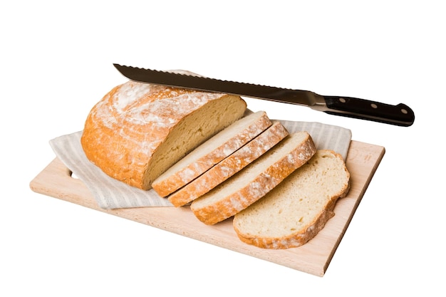 Foto assortiment van vers gesneden gebakken brood met servet geïsoleerd op witte achtergrond gezond ongezuurd brood sneetje stokbrood