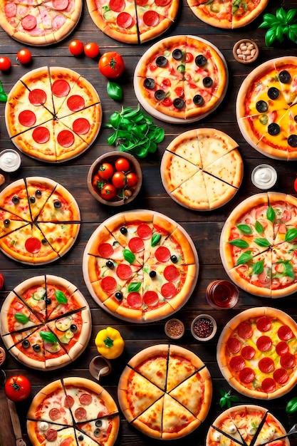 Assortiment van verschillende soorten Italiaanse pizza's op een op een bruine houten achtergrond rustieke stijl