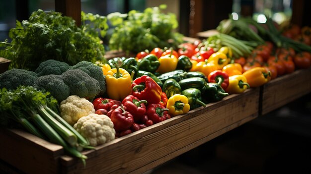 Assortiment van verse groenten in een houten kist op een marktkraamgeneratieve ai