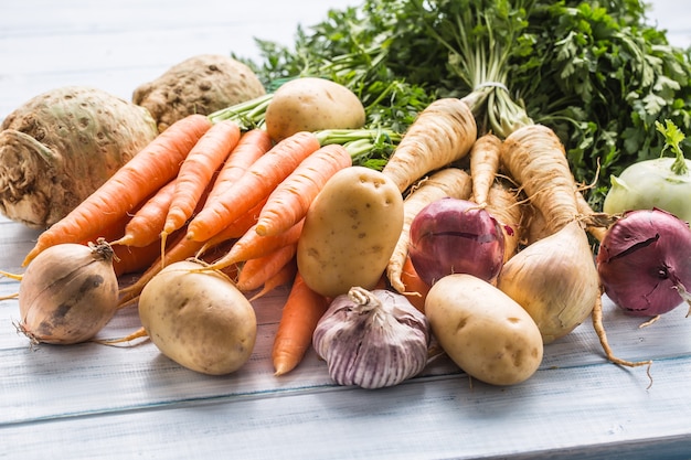 Assortiment van verse groenten op houten tafel. Wortel pastinaak knoflook selderij ui en koolrabi.