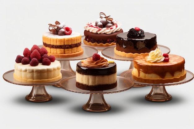 Assortiment voedsel en dessert taartplate stands Generatieve AI