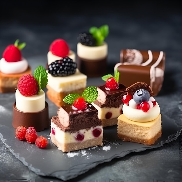 Assortiment zelfgemaakte minicakes op een gekleurde achtergrond Generatieve AI