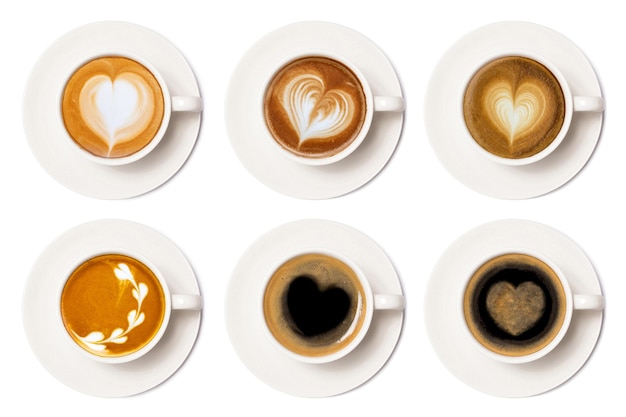 Assortimentscollectie van koffiekopje art latte met schuim hartvormig geïsoleerd