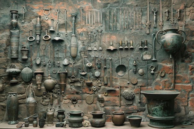 An assortment of ancient bronze tools and vessels displayed against a textured background