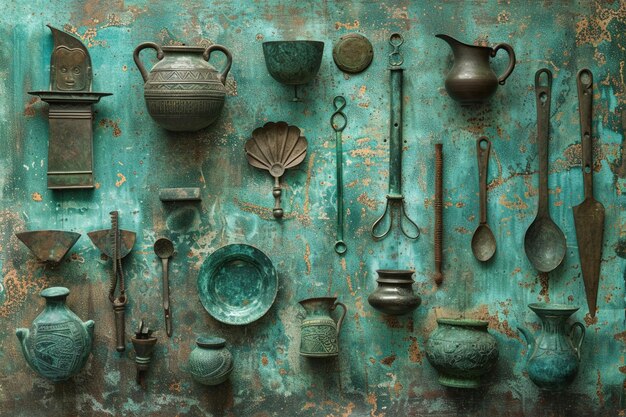 Foto un assortimento di antichi strumenti e vasi in bronzo esposti su uno sfondo texturato