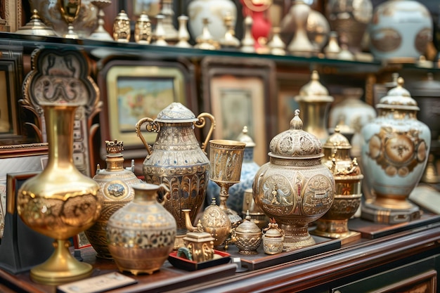 Assortment of Antique Metalware Including Brass and Copper Teapots Urns and Decorative Objects