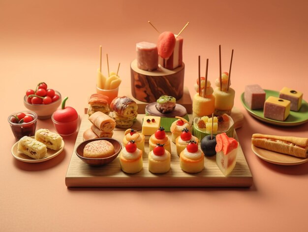 Assortment of appetizer on pastel background