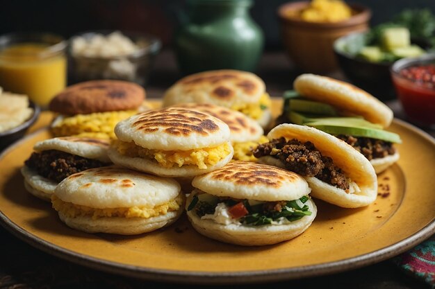 Assortment of arepas with filling on plate