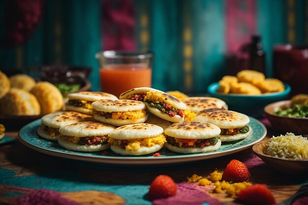 Assortment of arepas with filling on plate