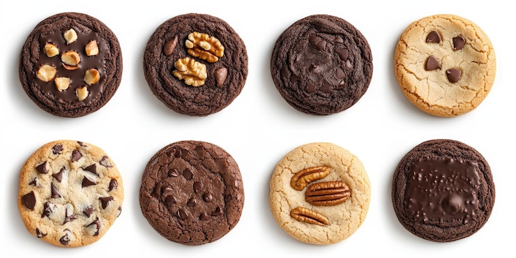 Photo チョコレートチップス,ペカン,ナッツ,ヘーゼルナッツで覆われた様々なクッキー