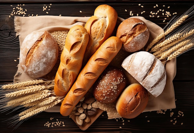 Assortment of baked bread top view