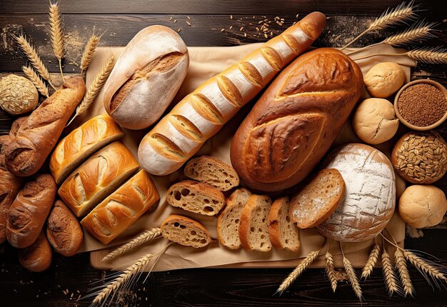 Assortment of baked bread top view