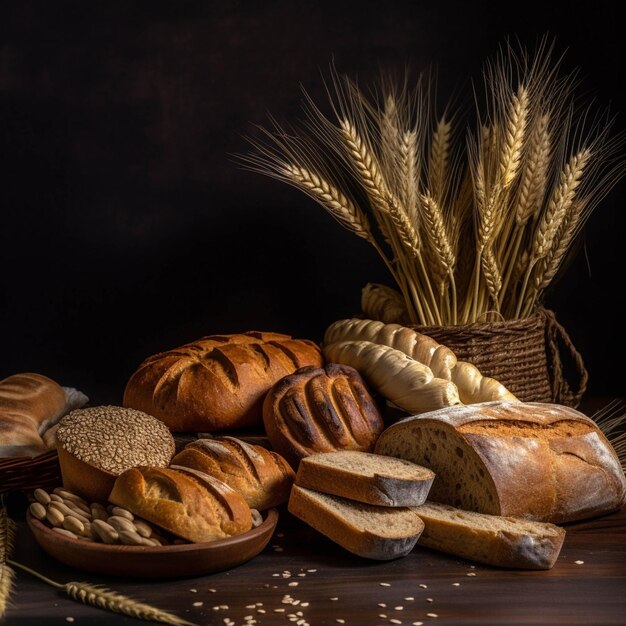 Assortment of baked bread and wheat ears on dark background copy space